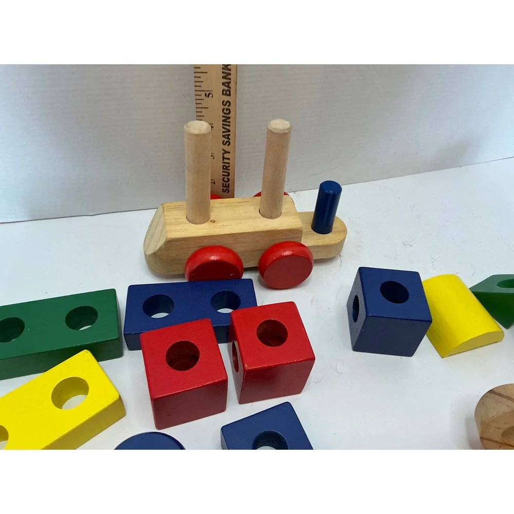 Melissa & Doug Wooden Stacking Train Toy Colorful Geometric Blocks Toddler Set